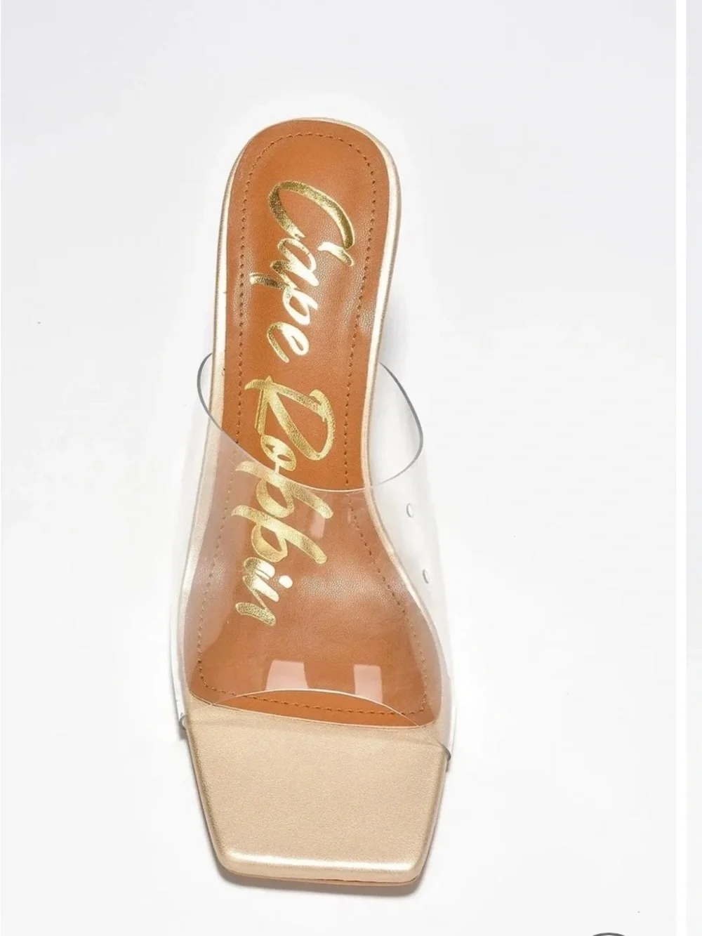Cape Robbin Clear Strap Mule Heels with Gold Insole